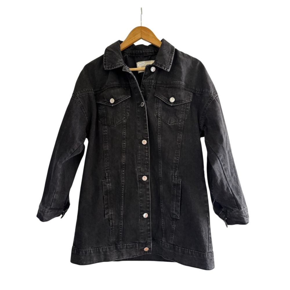 Black Washed Denim Jacket Minimalist Normcore 3/4 Sleeve